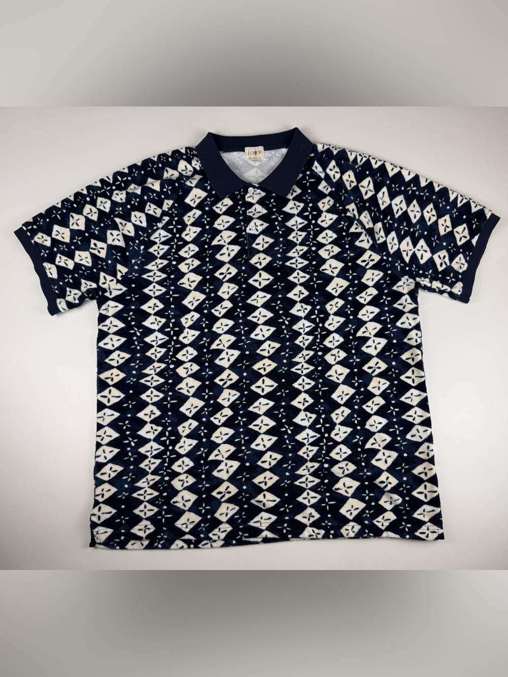 J.Crew Polo Shirt Mens XL Blue White Terry Cloth Geometric Short Sleeve